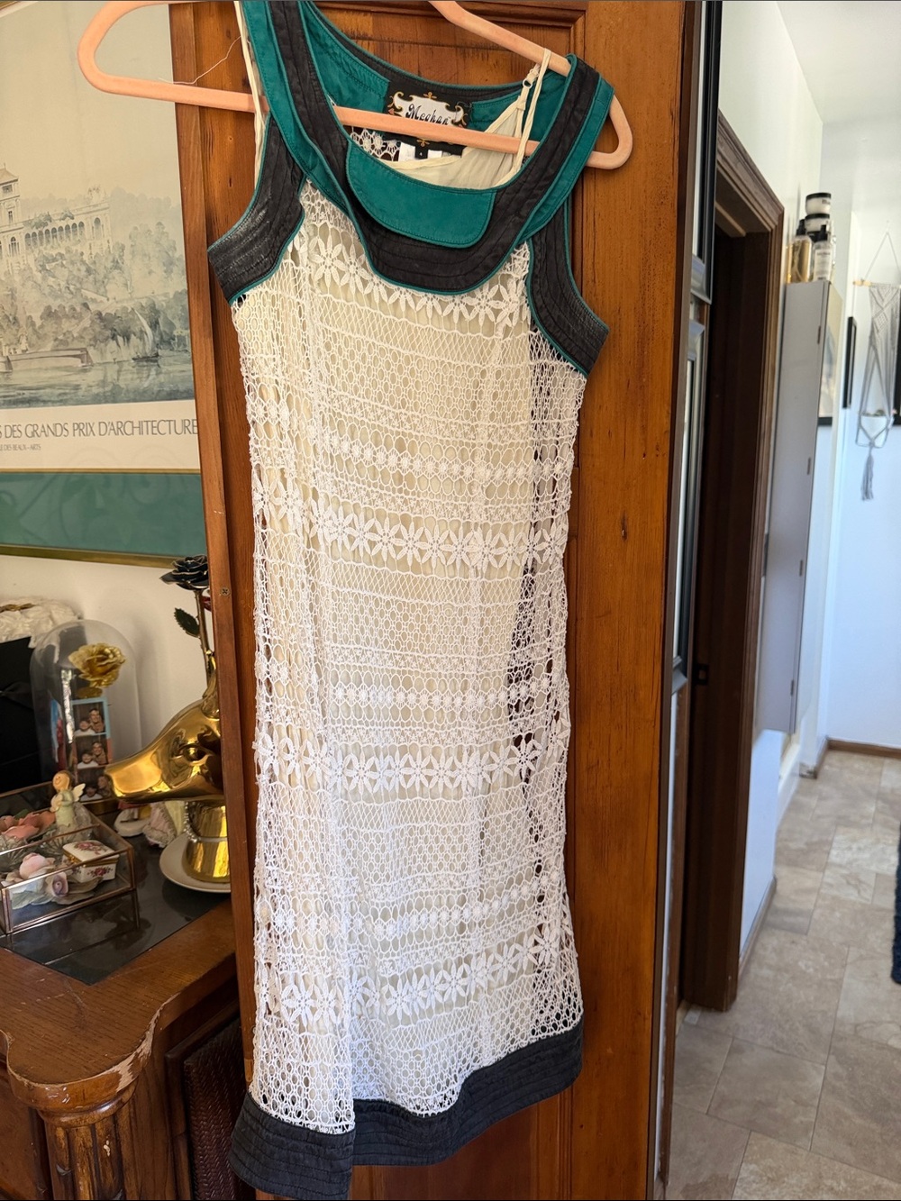 Meghan LA White Crochet Midi Dress with Teal and Charcoal Trim